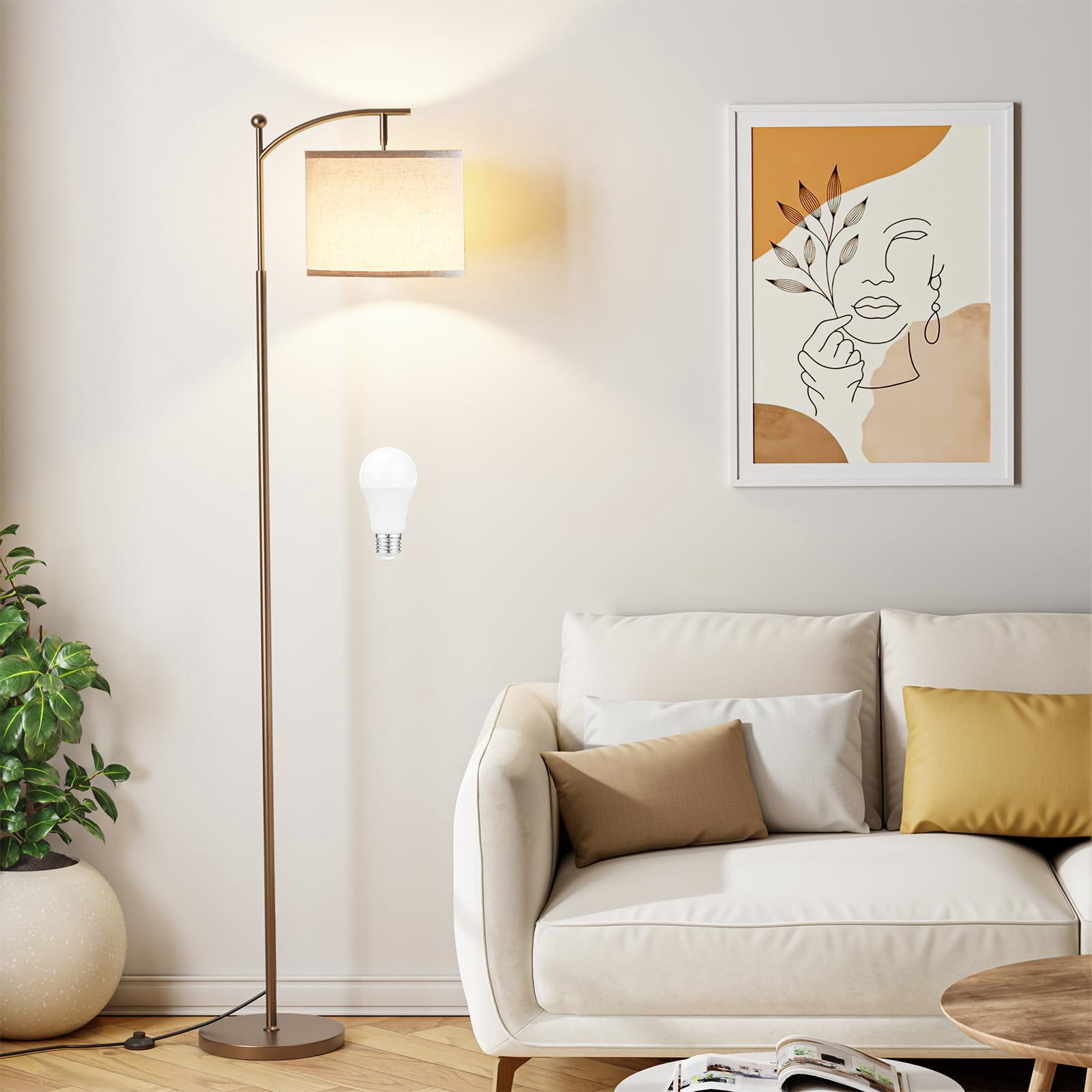 60" Floor Lamp For Living Room With 3 Color Temperatures  Adjustable Beige Shade Brown Pole Tall Bedroom Office Classroom Dorm 9w Bulb Included