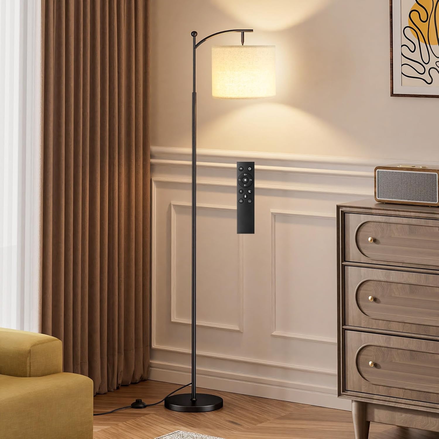 Floor Lamp With Remote Control & Bulb - Adjustable Brightness & Color Temp, Beige Shade & Gold Pole, 60" Tall