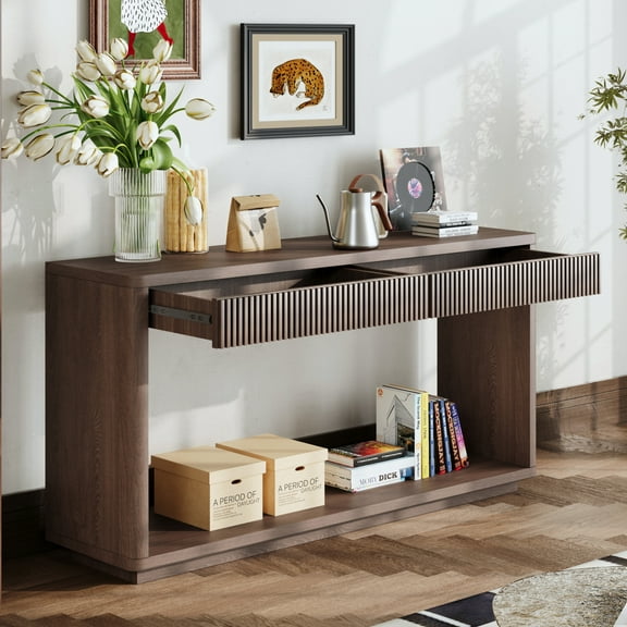 60" Fluted Console Table with 2 Drawers, Modern Sofa Table Behind Couch with Open Storage Shelf, 2 Tier Entryway Table for Living Room, Hallway, Walnut