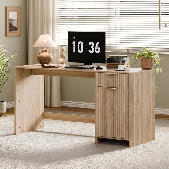 60" Fluted Executive Desk with Storage Modern Home Office Desk with Charging Station Wood Work Desk for Office, Bedroom, Study, Living Room, Oak