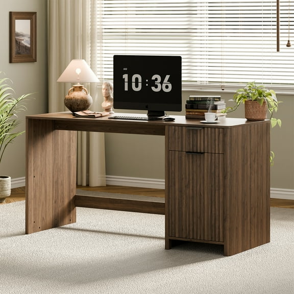 60" Fluted Executive Desk with Storage Modern Home Office Desk with Charging Station Wood Work Desk for Office, Bedroom, Study, Living Room, Walnut