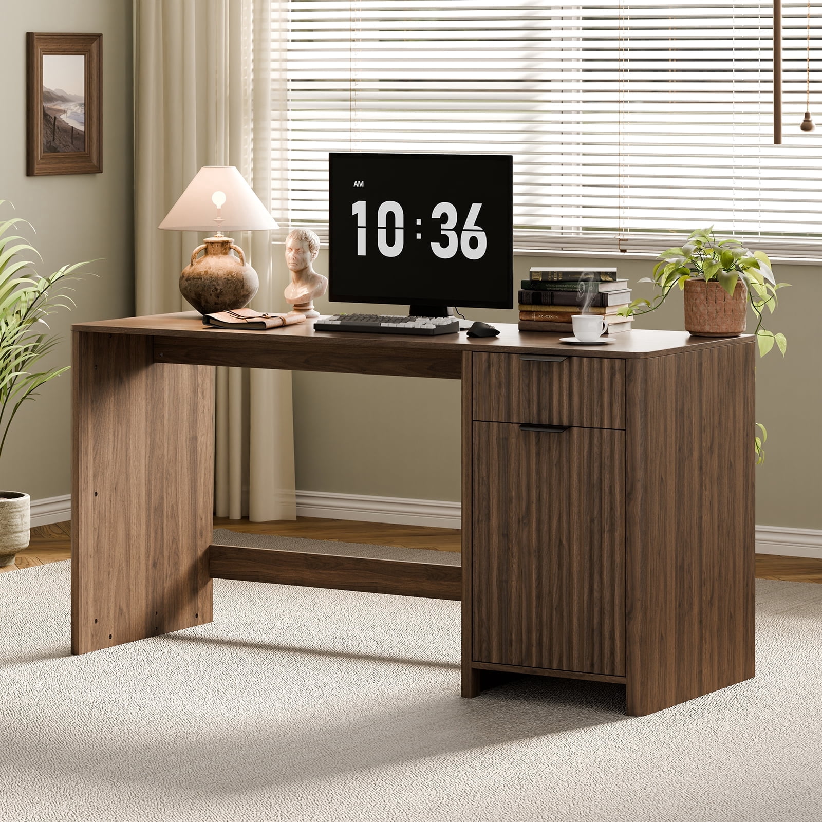 60" Fluted Executive Desk with Storage Modern Home Office Desk with Charging Station Wood Work Desk for Office, Bedroom, Study, Living Room, Walnut