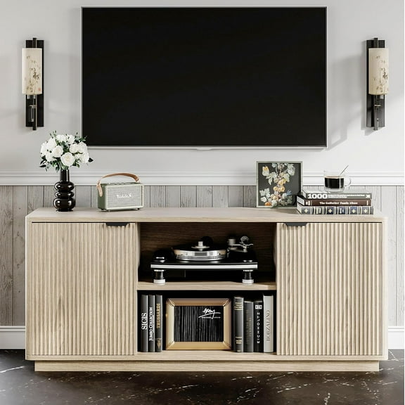 60'' Fluted TV Stand with Storage, Mid Century Modern Curved Console Table, Water Wave Door Entertainment Center, Living Room Furniture with Metal Handle