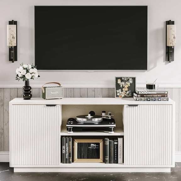 60'' Fluted TV Stand with Storage, Mid Century Modern Curved Console Table, Water Wave Door Entertainment Center, Living Room Furniture with Metal Handle