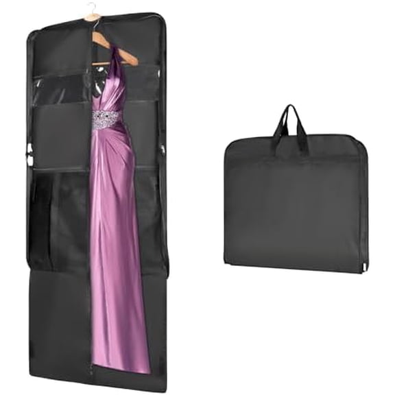60 '' Foldable Extra Long Dress Garment Bag, Premium Breathable & Tear-resistant Hanging Dress Cover for Travel and Closet Storage with Mesh Shoe Pocket and 2 Carry Handles