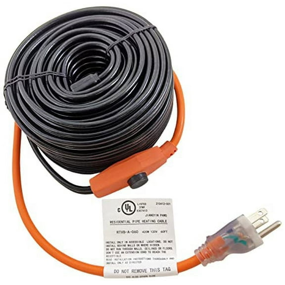 60 Foot Pipe Heating Cable, Turns On and Off Automatically using Built-in Thermostat, Protects Pipes from Freezing, 120V, 420W
