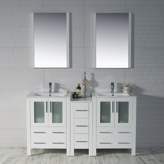 60" Freestanding Bathroom Vanity & Ceramic Sink & Mirror - Glossy White