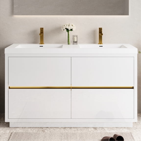 60" Freestanding Bathroom Vanity, Sink, Stone Resin Countertop, Soft Close, Glossy White, Stylish Option Vanity For Bathroom, 60", Close Drawers, Fashionable And Charming
