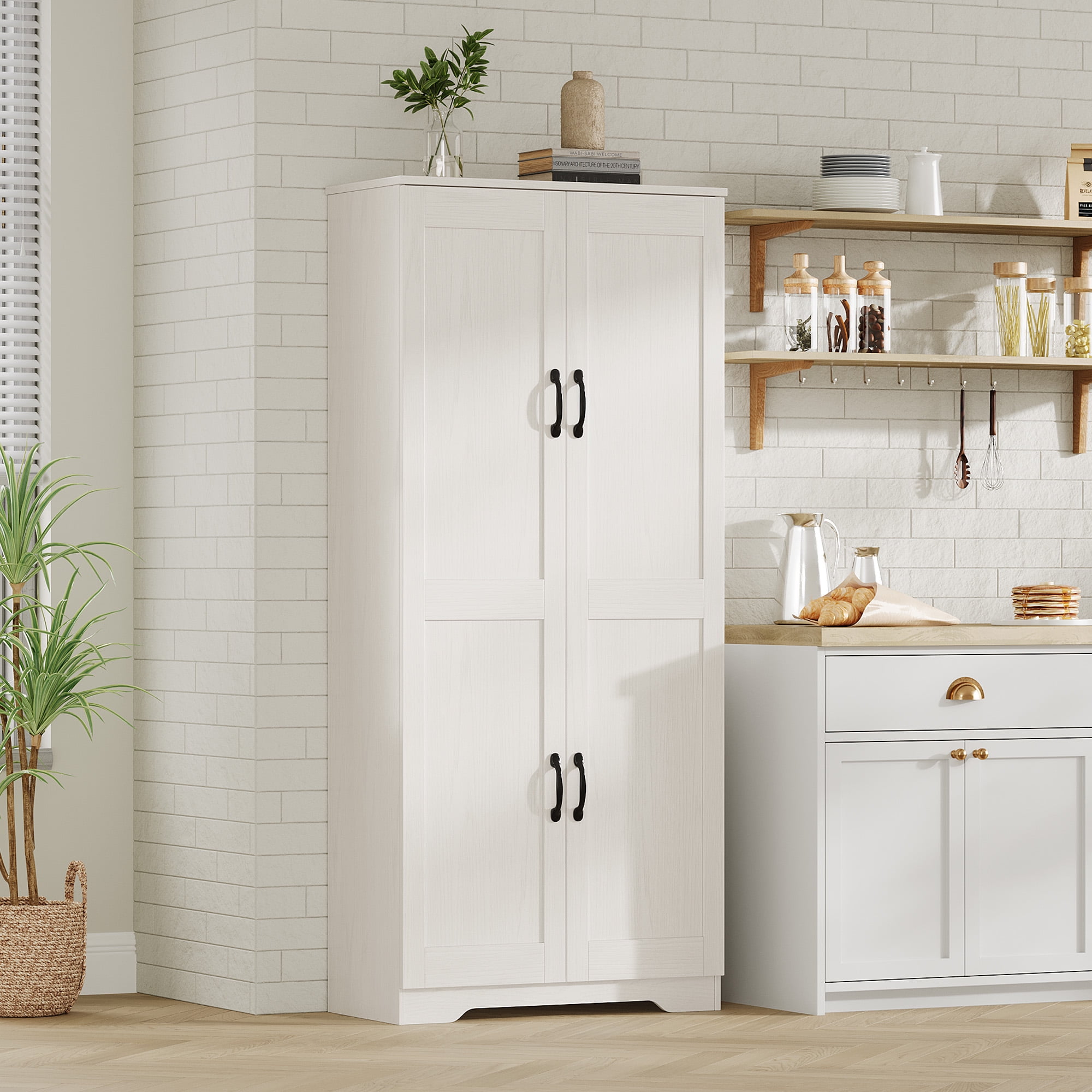 60" Freestanding Pantry Cabinet with Adjustable Shelves, Kitchen Storage Cabinet with Doors, Modern Food and Bathroom Organizer for Small Spaces, Dining Room