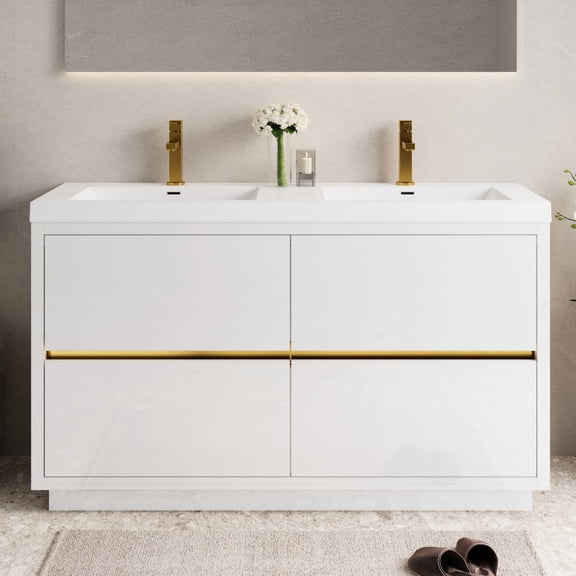60" Freestanding Vanity with Double Sinks | Easy Installation and Spacious Storage for Bathroom Items | Premium Stone Resin and Eco - Friendly MDF | Invisible Handle for Safe Drawer Operation