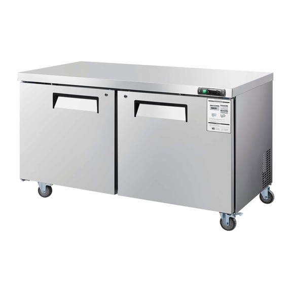 60" Freezer Worktable, 14.8 Cu.Ft Commercial Undercounter Freezer, 2 Door Stainless Steel Prep Table with LED, Lock & Casters