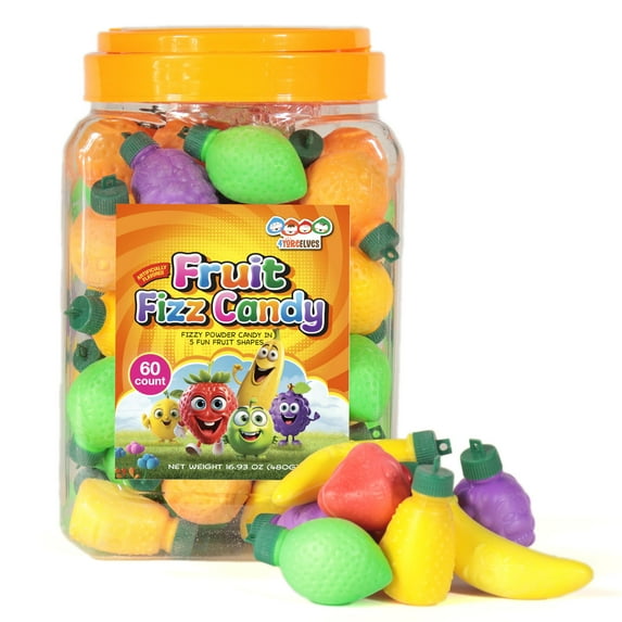 60 Fruit Shaped Fizzy Candy Powder, With Hanging Hole Caps for Decorative Stringing, Fun and Unique 90’s Retro Candy, Gluten Free & Nut Free, by 4YoreElves