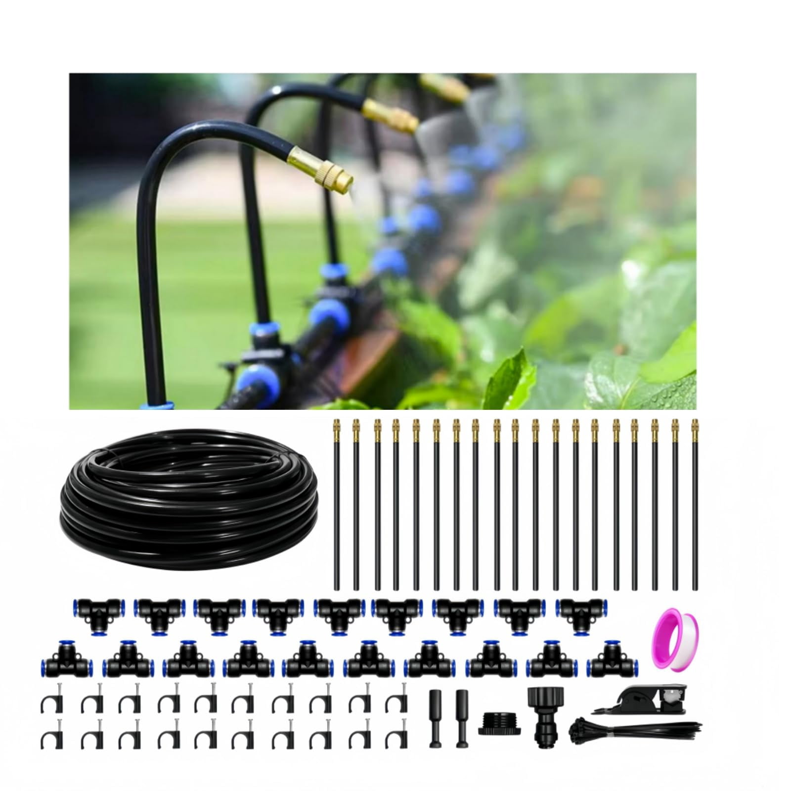 60 Ft Drip Irrigation System For Garden - Kit With 19 360°adjustable Copper Nozzles Hose  Automatic Atomizing Plant Watering Sprinkler Yard Lawn Greenhouse Potted