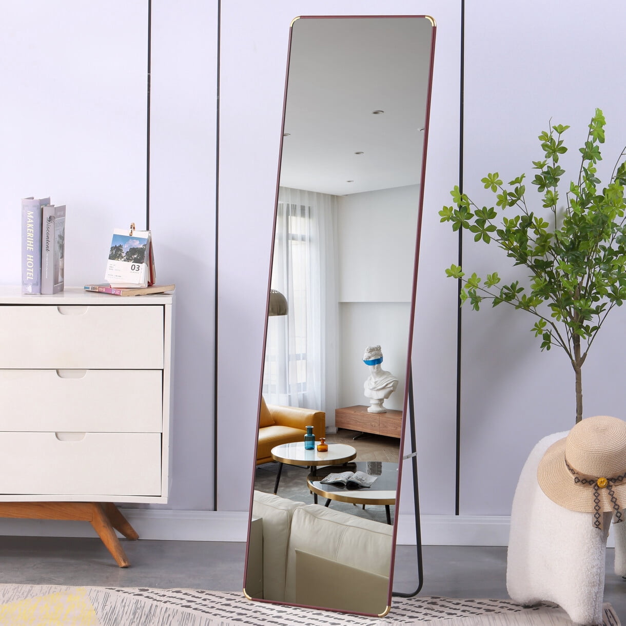 60" Full-length Mirror, Modern Floor Standing Mirror with Black Metal Bracket, Faux Soild Wood Frame, Make-up Mirror for Bedroom, Bathroom, Cloakroom, Dark Red