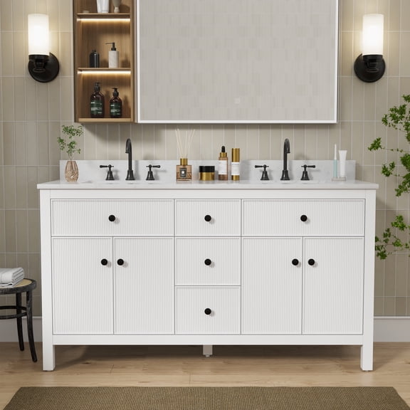 60" Fully Assembled Double Sink Bathroom Vanity with Engineered Stone Top, Ceramic Sink, Hand Paint