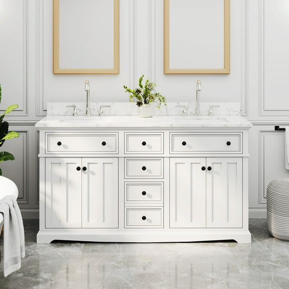 60" Fully Assembled Double Sink Bathroom Vanity with Engineered Stone Top, Ceramic Sink, Hand Paint
