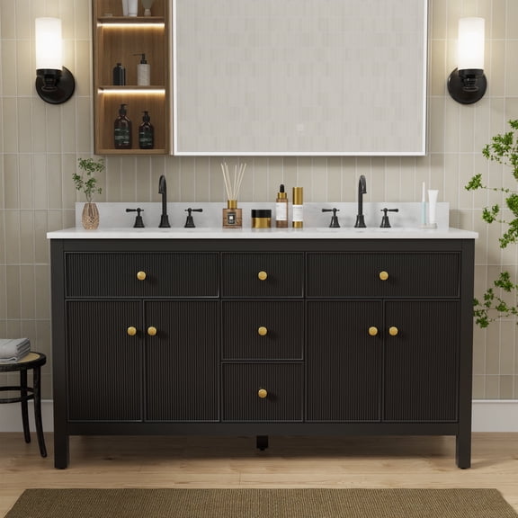 60" Fully Assembled Double Sink Bathroom Vanity with Engineered Stone Top, Ceramic Sink, Hand Paint