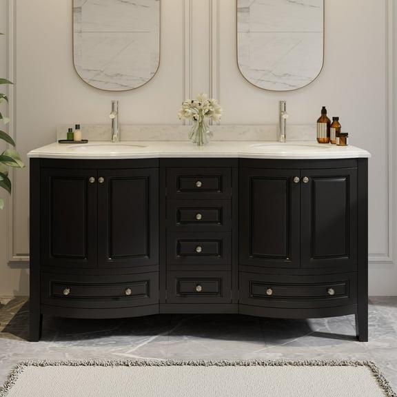 60" Fully Assembled Double Sink Bathroom Vanity with Engineered Stone Top, Ceramic Sink, Hand Paint
