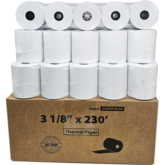60 GSM Heavy Thermal Paper 3 1/8 x 230' thermal receipt paper (50 rolls - 60 GSM) Fits All POS Cash Registers Printers Clover Square Stations, Star Micronics SCP700, TSP100