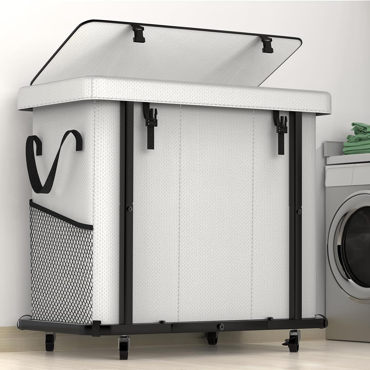 60 Gal(230L) High Grade Large Laundry Basket with Wheels, Rolling Laundry Hamper, Laundry Cart with Metal Frame and Removable Bag Design, Suitable for Laundry Room,Bedroom (White, 3 Section 230L)