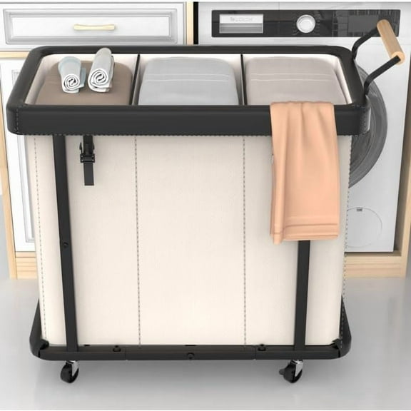 60 Gal (230L) Laundry Hamper 3 Section with Lid, Leather Patchwork Laundry Sorter with Rolling Lockable Wheels and Handle, Laundry Basket Organizer for Laundry Room,  and Bathroom - Beige