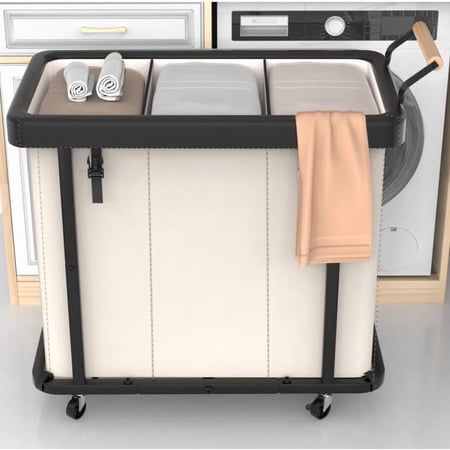 60 Gal (230L) Laundry Hamper 3 Section with Lid, Leather Patchwork Laundry Sorter with Rolling Lockable Wheels and Handle, Laundry Basket Organizer for Laundry Room, Bedroom and Bathroom
