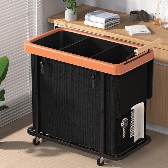 60 Gal (230L) Laundry Hamper 3 Section with Lid, Leather Patchwork Laundry Sorter with Rolling Lockable Wheels and Handle, Laundry Basket Organizer for Laundry Room, Bedroom and Bathroom - Gray