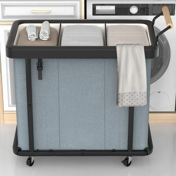 60 Gal (230L) Laundry Hamper 3 Section with Lid, Leather Patchwork Laundry Sorter with Rolling Lockable Wheels and Handle, Laundry Basket Organizer for Laundry Room, Bedroom and Bathroom - Gray