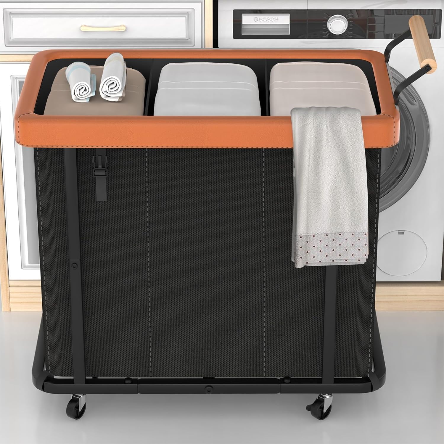 60 Gal (230L) Laundry Hamper 3 Section with Lid, Leather Patchwork Laundry Sorter with Rolling Lockable Wheels and Handle, Laundry Basket Organizer for Laundry Room, Bedroom and Bathroom