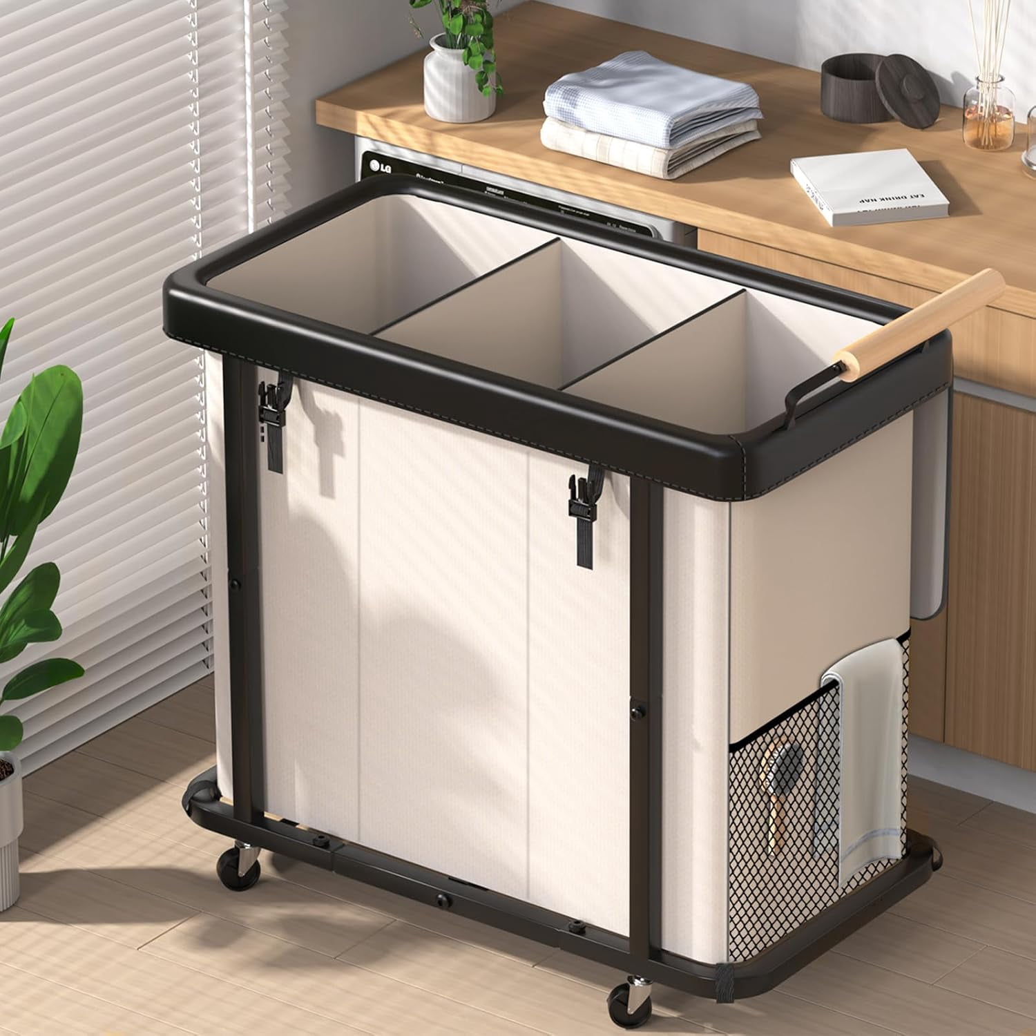 60 Gal (230L) Laundry Hamper 3 Section with Lid, Leather Patchwork Laundry Sorter with Rolling Lockable Wheels and Handle, Laundry Basket Organizer for Laundry Room, Bedroom and Bathroom - Gray