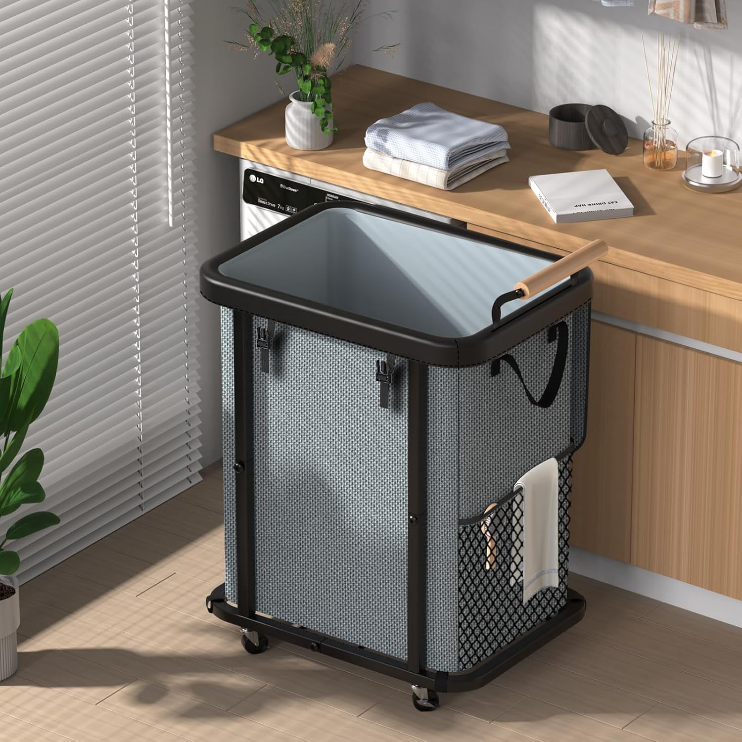 60 Gal (230L) Laundry Hamper 3 Section with Lid, Leather Patchwork Laundry Sorter with Rolling Lockable Wheels and Handle, Laundry Basket Organizer for Laundry Room, Bedroom and Bathroom - Gray