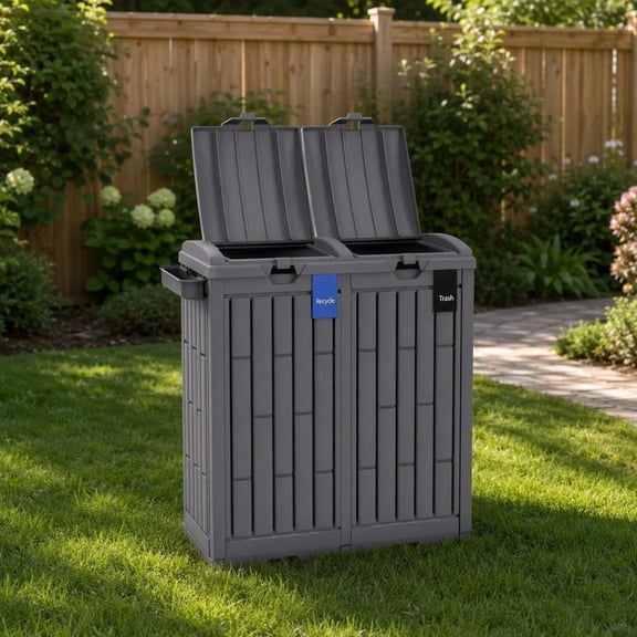 60 Gal Outdoor Trash and Recycling Bin, Double Trash Can with Lid, Waterproof Weatherproof Garbage Bin with Ashtray, Quick Assemble, for Patio Backyard Deck, Gray