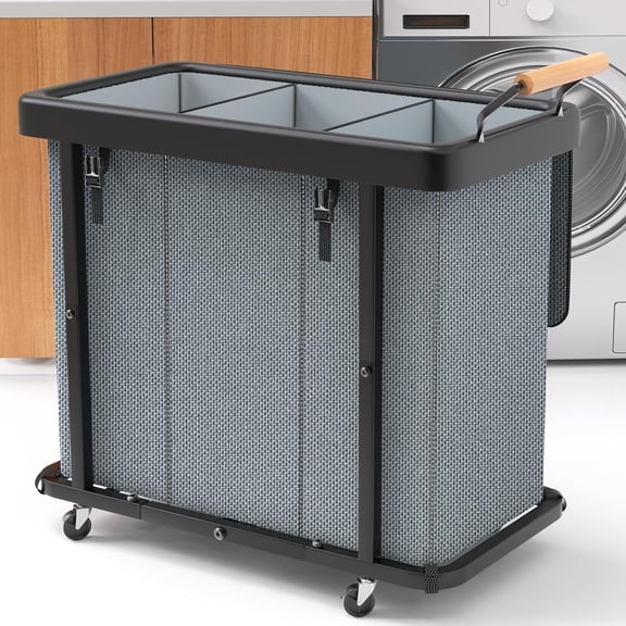 60 Gallon Extra Large 3-Section Laundry Sorter with Lid, White Rolling Laundry Hamper Cart with Handle, Sturdy Metal Frame Laundry Organizer, Mobile Clothes Storage for Laundry Room, Home & Ho