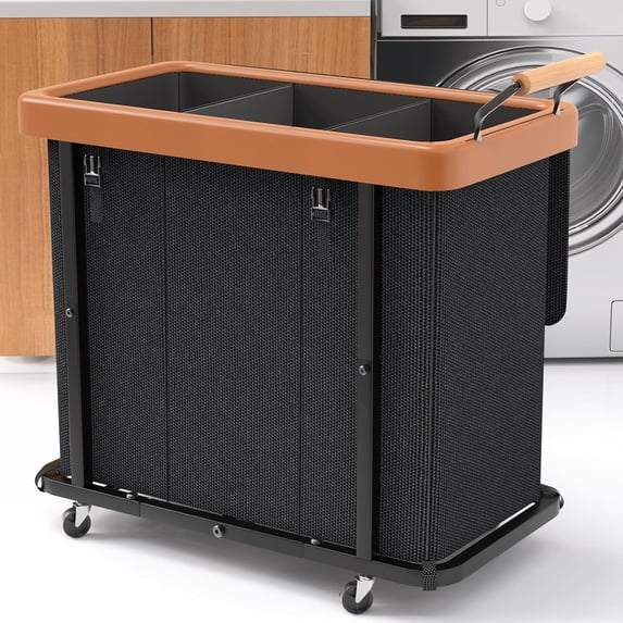 60 Gallon Extra Large 3-Section Laundry Sorter with Lid, White Rolling Laundry Hamper Cart with Handle, Sturdy Metal Frame Laundry Organizer, Mobile Clothes Storage for Laundry Room, Home & Ho