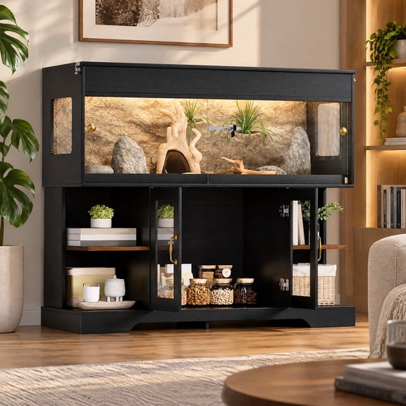 60 Gallon Reptile Terrarium with Stand, Reptile Tank Enclosure w/ Sliding Acrylic Doors, Locking Mesh Top, Built-In Power Outlet, Storage Cabinet & Open Shelves for Bearded Dragons, Snakes, Lizards