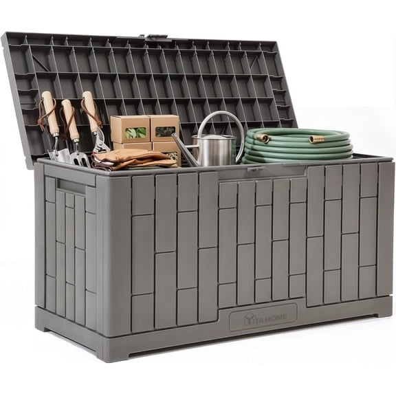 60 Gallon Waterproof Resin Outdoor Storage Box with Slide-Locking Lid Light Brown