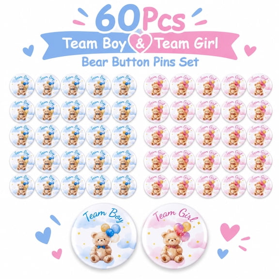 60 Gender Reveal Party Pins Bear Theme Pink Blue Gender Reveal Decorations, Pink and blue gender reveal pins made of plastic, ideal for gender reveal decorations and games