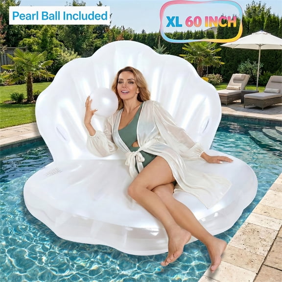 60" Giant Inflatable Seashell Pool Float, High-Strength PVC, Removable Pearl Beads, Ergonomic Lounger for Pool & Backyard Parties