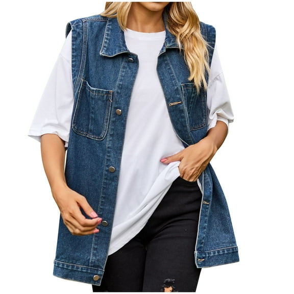 Gifts 2025 Denim Vest for Women Winter Denim Jacket for Women Trendy Button Down Lapel Sleeveless Boyfriend Jean Jacket Coat Loose Casual Solid Vest Outerwear with Pocket Weekly