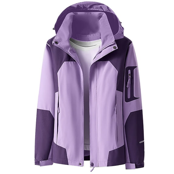 up to 60% off Gifts 2023 Raincoat for Women Winter Outdoor Rain Jacket for Women Hiking Climbing Lightweight Hooded Windbreaker Coat Fashion Pocket Color Patchwork Zip up Outerwear Weekly
