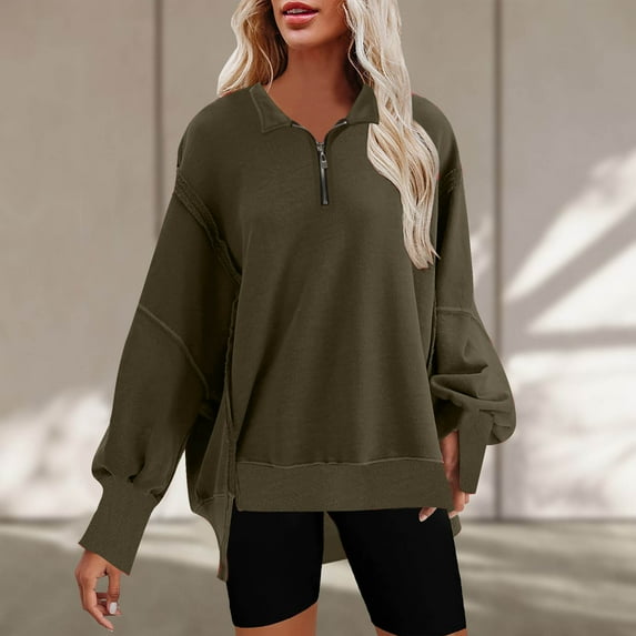 Gifts Sweatshirt for Women Winter Quarter Zip Sweatshirt for Women Casual Solid Long Sleeve Lapel Pullover Blouses Fashion Irregular Hem Oversized Sweatshirt Tops