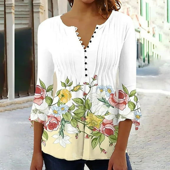 up to 60% off Gifts Under $5 Tunic Tops for Women Winter Womens Button up Henley Shirts Spring Lightweight Pleated Hem 3/4 Sleeve Pullover Tops V Neck Fashion Floral Print Tunic Blouses