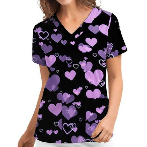 Up to 60% Off Gifts EGNMCR Scrub for Women Heart Print Short Sleeve V Neck Casual Loose Scrub Tops Nurse Uniform Blouse With Pocket Valentine Gifts for Her
