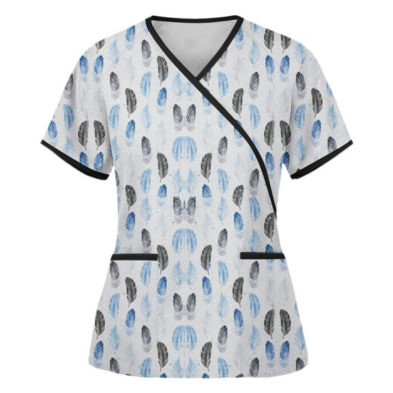 Up to 60% Off Gifts EGNMCR Womens Scrub Fashion Feather Print Short Sleeve V Neck Nurse Uniform Workwear Blouse Tops With Pocket Spring Summer Save