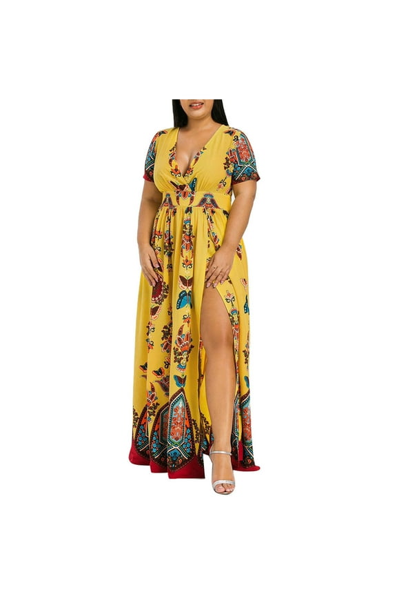 up to 60% off Gifts Formal Dresses for Women Plus Size Vintage Empire Waist Pleated Slit Swing A Line Party Long Dresses V-Neck Short Sleeve Butterfly Print 2023 Summer Maxi Dress Yellow XXXXXL