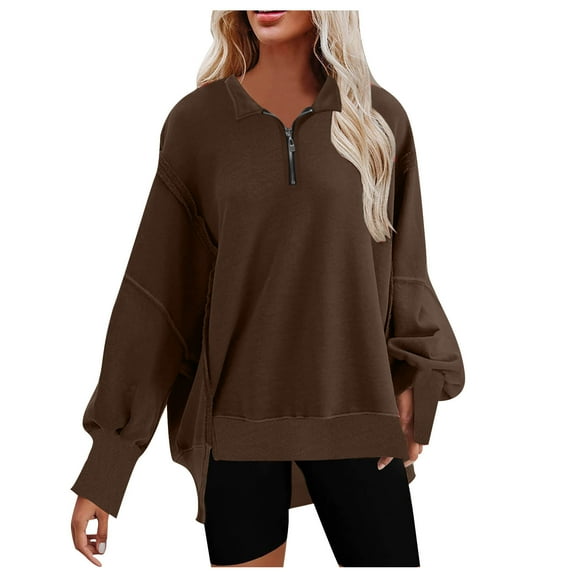 up to 60% off Gifts Holiday Womens Sweatshirt Winter Quarter Zip Sweatshirt for Women Casual Solid Long Sleeve Lapel Pullover Blouses Fashion Irregular Hem Oversized Sweatshirt Tops Big Saving
