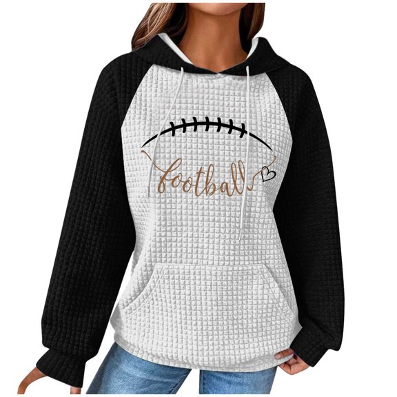 up to 60% off Gifts Holiday Womens Hoodies Winter Knitted Hooded Sweatshirt for Women Fashion Baseball Print Drawstring Pullover Hoodies Long Sleeve Color Block Pocket Sweater Tops Big Saving
