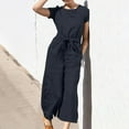 thumbnail image 1 of up to 60% off Gifts Jumpsuits for Women Dressy Casual Solid Cotton Linen Plus Size Straight Pocket Jumpsuits Overalls with Belt Summer Crewneck Short Sleeve Plain Long Formal Rompers Black xxxxl, 1 of 7