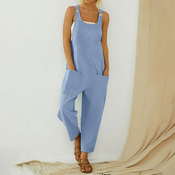 up to 60% off Gifts Jumpsuits for Women Dressy Casual Solid Soft Cotton Linen Button Strap Long Jumpsuits Overalls with Pocket Summer Round Neck Sleeveless Plain Maxi Formal Rompers Light Blue m
