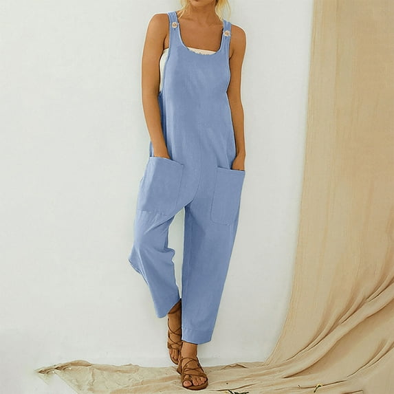 up to 60% off Gifts Jumpsuits for Women Dressy Casual Solid Soft Cotton Linen Button Strap Long Jumpsuits Overalls with Pocket Summer Round Neck Sleeveless Plain Maxi Formal Rompers Light Blue m